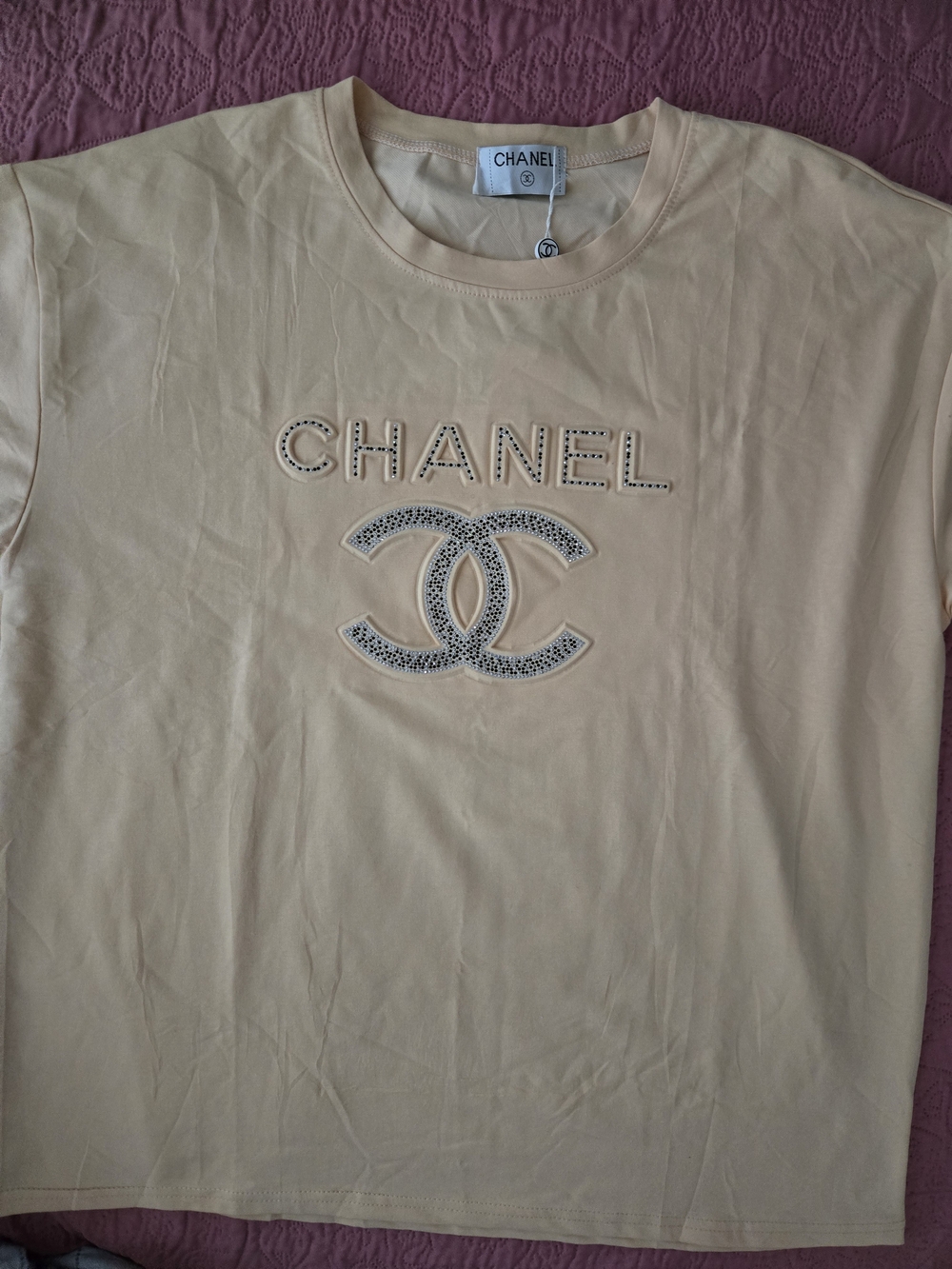 CHANEL Beige Short Sleeve Tee with Embellished CC Motif